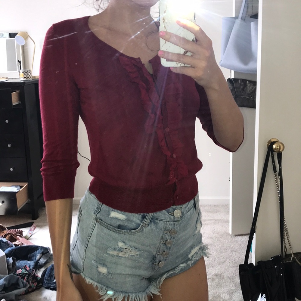 Red ruffle button up sweater